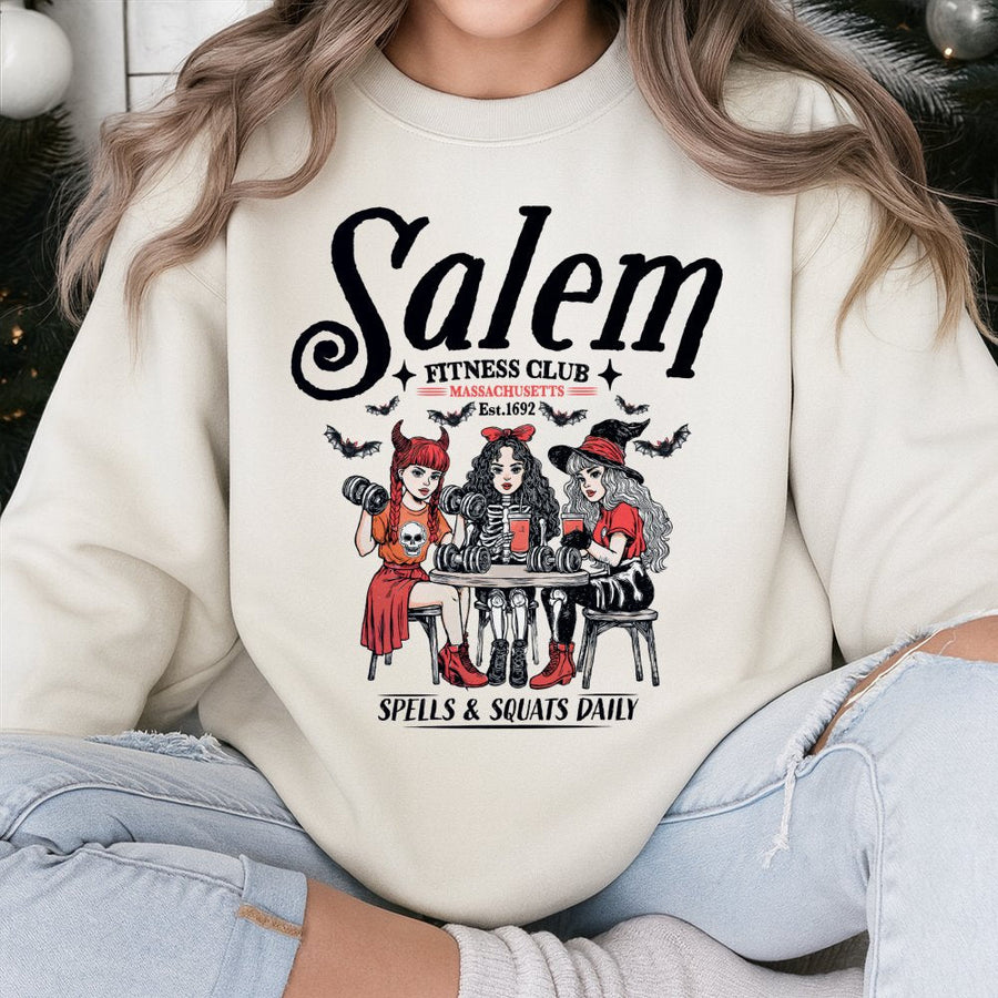 Salem Fitness Club Sweatshirt | Spells and Squats Daily Graphic | Vintage Witchy Gym Apparel | Funny Halloween Workout Gift for Women