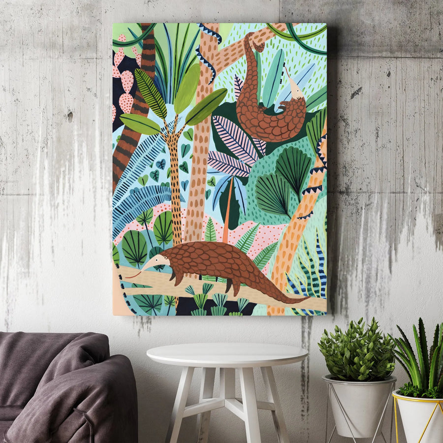 Pangolin and Sloth Canvas Wall Art | Vibrant Rainforest Jungle Scene | Premium Frameless Gallery Wrap | Kids Room & Nursery Decor Gift