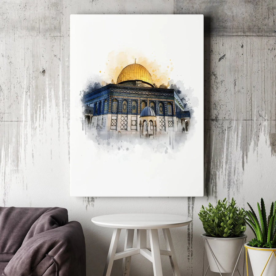 Dome Of The Rock Canvas Wall Art | Watercolor Jerusalem Landmark | Premium Gallery Wrap Print | Religious Home Decor Gift