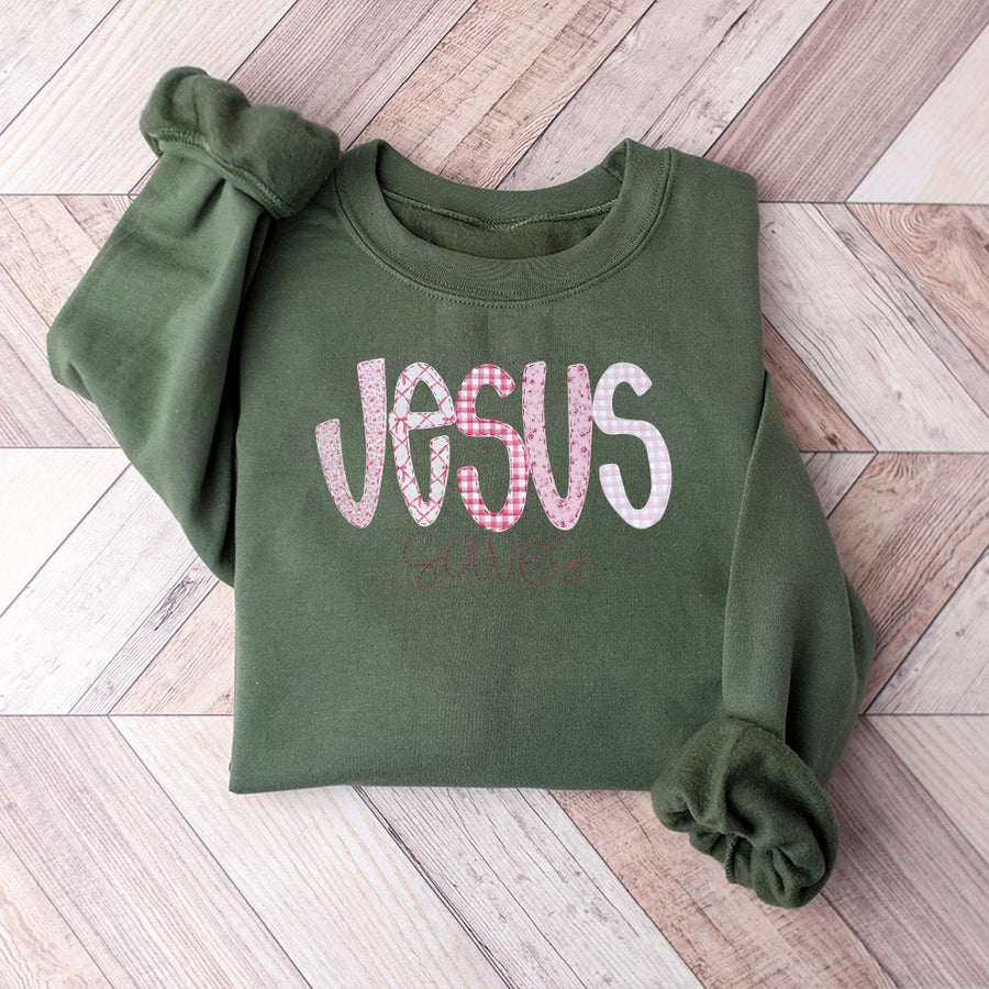 Jesus Saves Sweatshirt | Pink Plaid Aesthetic Christian Crewneck | Soft Cotton Blend | Religious Gift for Women