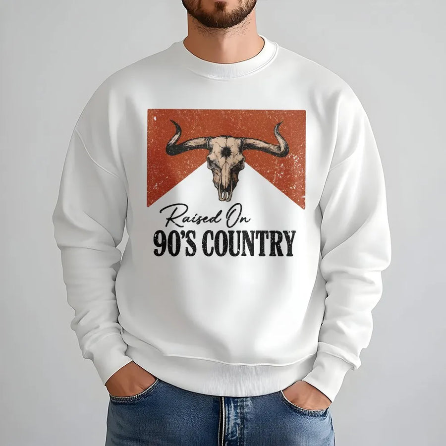 Raised On 90s Country Sweatshirt | Vintage Western Cow Skull Graphic | Soft Cotton Blend | Gift for Country Music Fan, Retro Cowboy Apparel