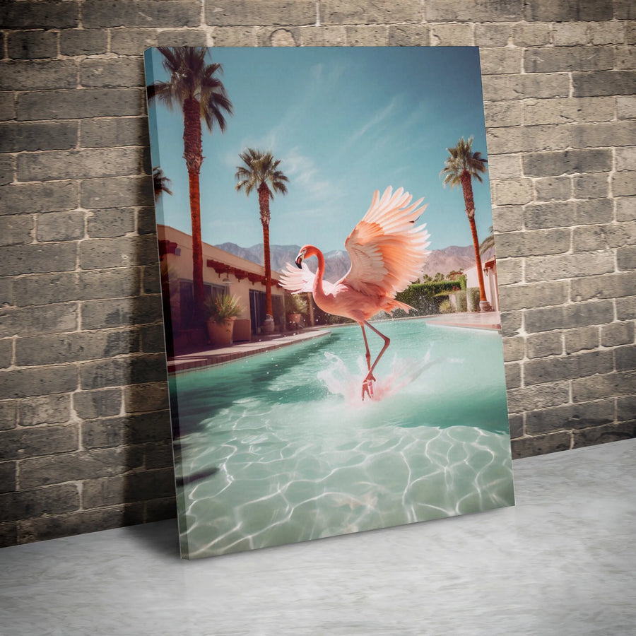 Vintage Flamingo Wall Art | Retro Palm Springs Pool Scene Canvas Print | High-Quality Gallery Canvas | Modern Living Room Decor Gift