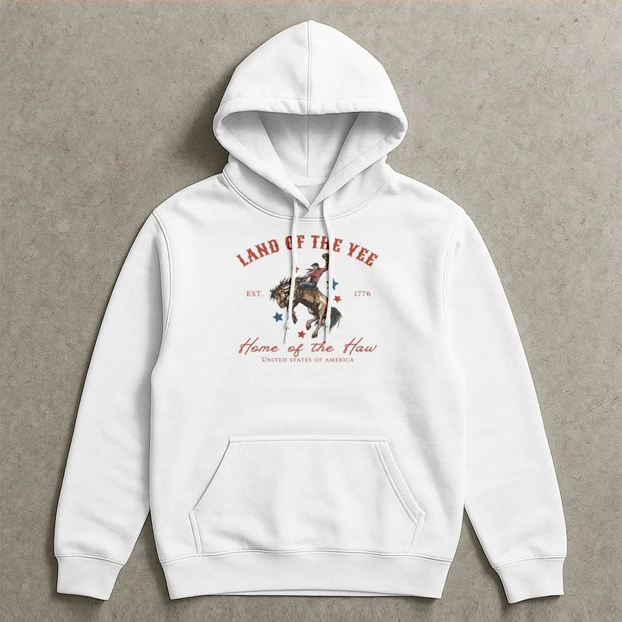 Yee Haw 4th of July Hoodie | Land Of The Yee Home Of The Haw | Vintage Western Cowboy Graphic | Patriotic USA Independence Day Gift