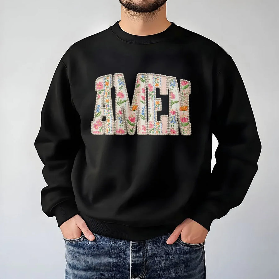 Amen Floral Sweatshirt | Vintage Christian Apparel with Faux Pearl Detail | Soft Cotton Blend Pullover | Inspirational Faith Gift for Women
