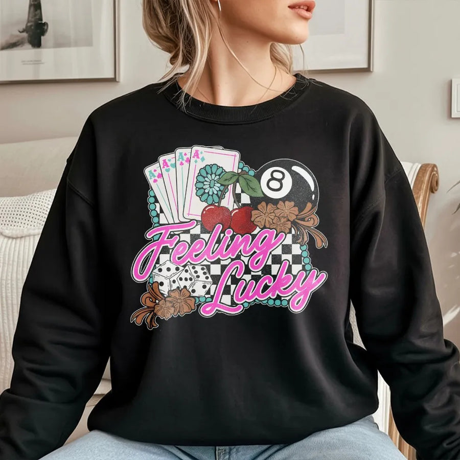 Feeling Lucky Western Sweatshirt | Retro Checkered Casino Graphic | Premium Cotton Blend | Vintage Cowgirl Rodeo Gift