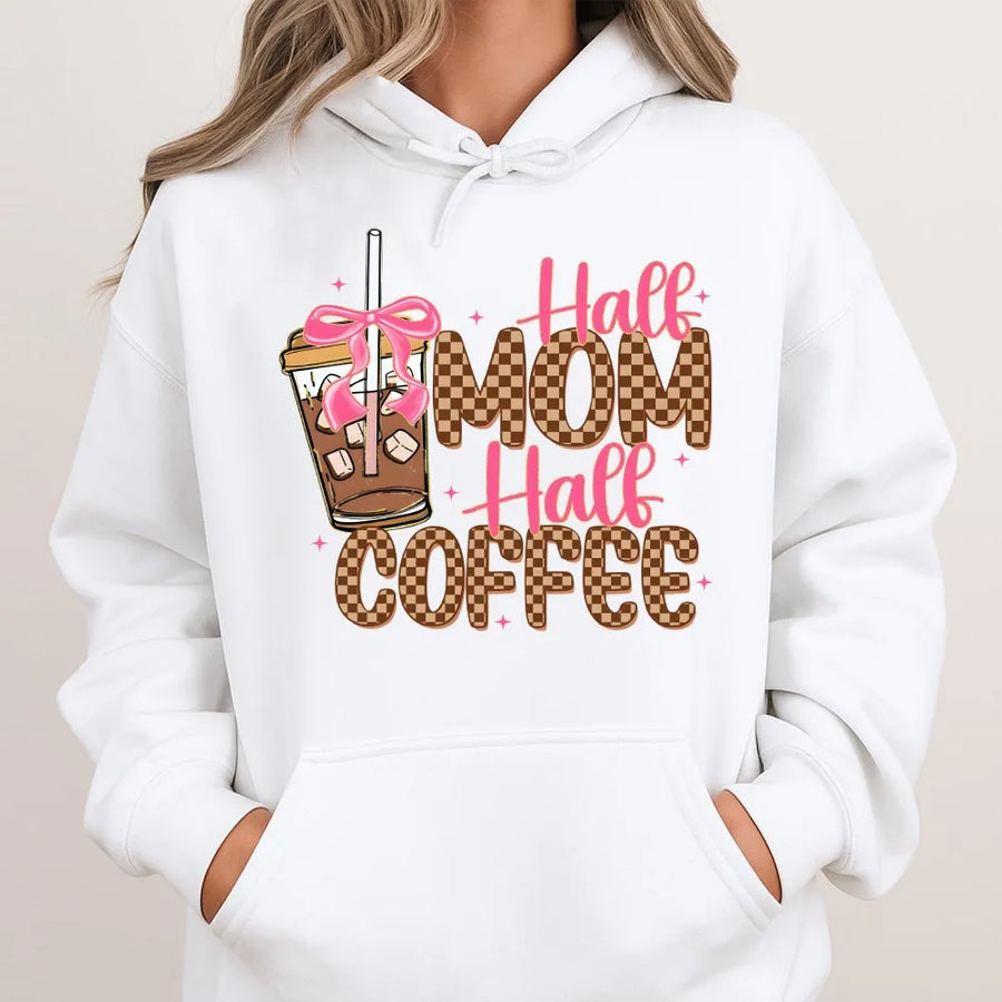 Half Mom Half Coffee Hoodie | Retro Checkered Graphic with Coquette Bow | Premium Soft Cotton Blend | Funny Coffee Lover Gift for Mom