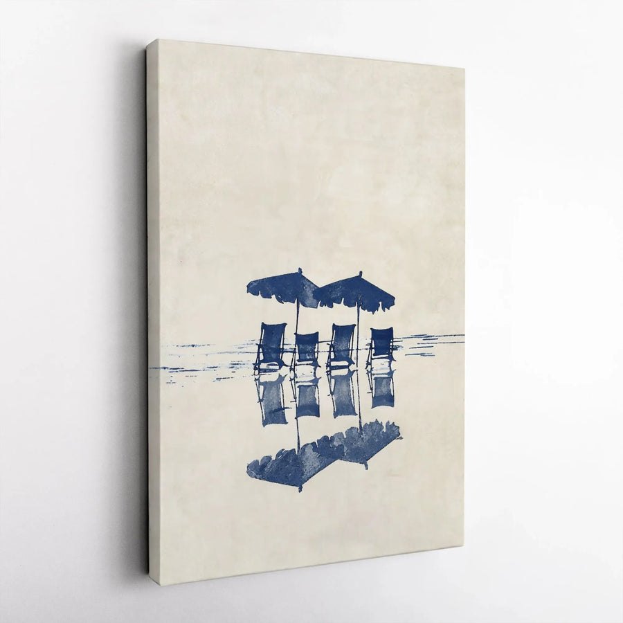 Beach Chair Canvas Art | Minimalist Blue Ocean Umbrella Reflection | Premium Gallery Wrapped Wall Decor | Coastal Home Office Gift