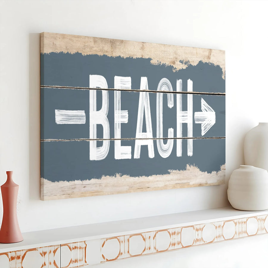 Rustic Beach Sign Canvas Wall Art | Coastal Farmhouse Style Wood Plank Print | Premium Gallery Wrap Canvas | Nautical Lake House Decor Gift