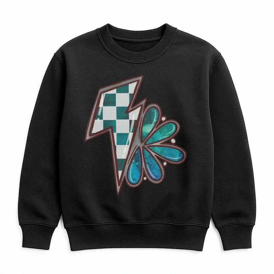 Western Lightning Bolt Sweatshirt | Teal Checkered Graphic Print | Premium Cotton Blend | Retro Country Cowgirl Gift For Women