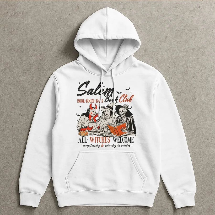 Salem Book Club Hoodie | Spooky Witch Reading Graphic | Premium Cotton Blend Sweatshirt | Halloween Gift for Book Lovers