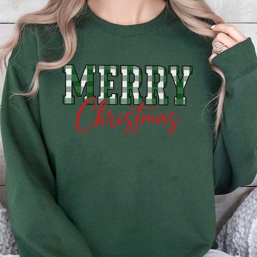 Merry Christmas Sweatshirt | Green Buffalo Plaid Typography Design | Soft Cotton-Poly Blend | Festive Holiday Gift for Women and Men