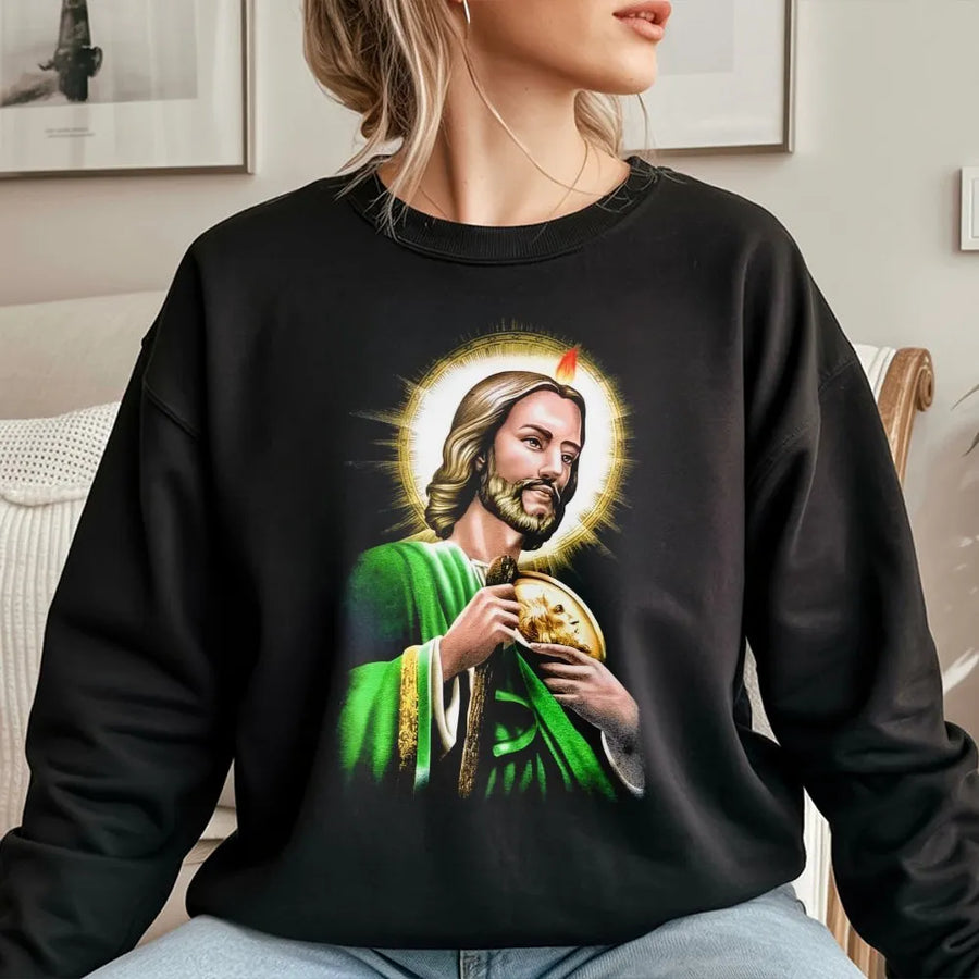 San Judas Tadeo Sweatshirt | Religious Portrait Graphic Print | Premium Cotton Blend Crewneck | Saint Jude Catholic Gift for Men and Women