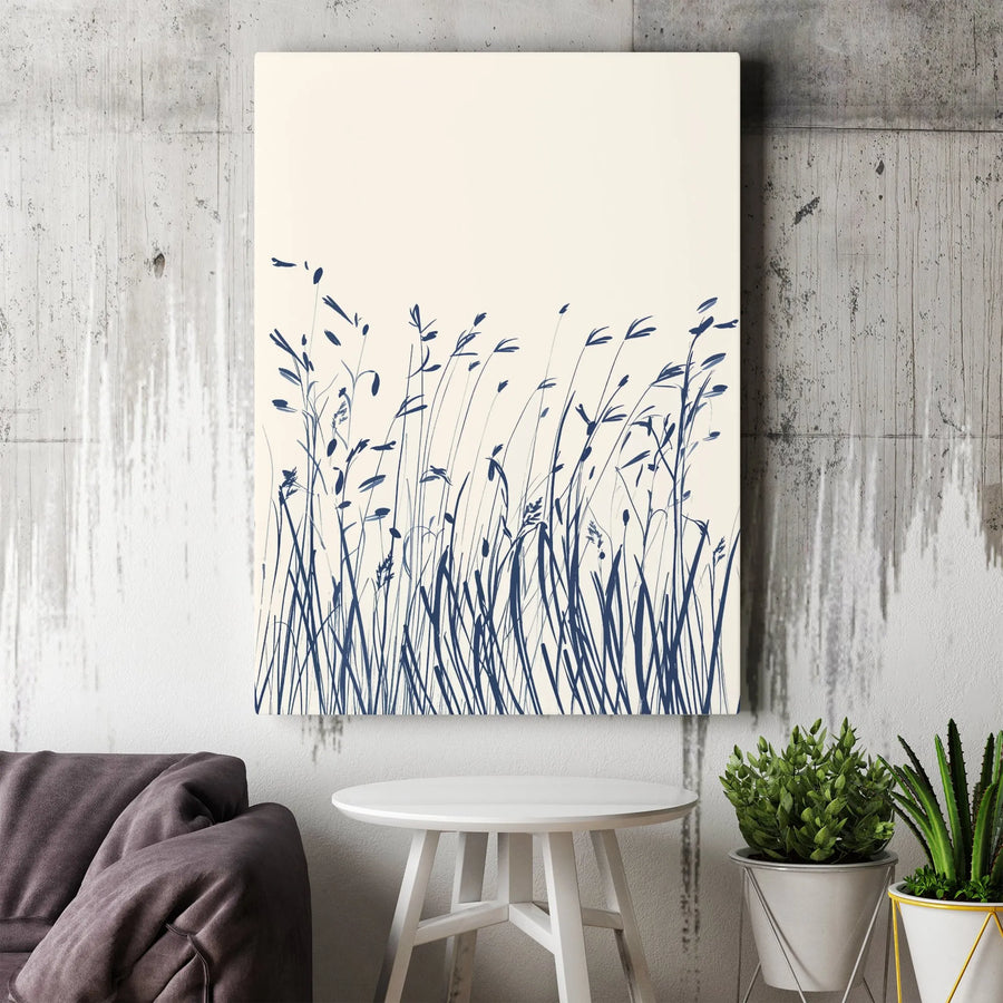 Minimalist Blue Grass Canvas Wall Art | Botanical Nature Illustration | Gallery Quality Framed Print | Modern Home & Office Decor Gift
