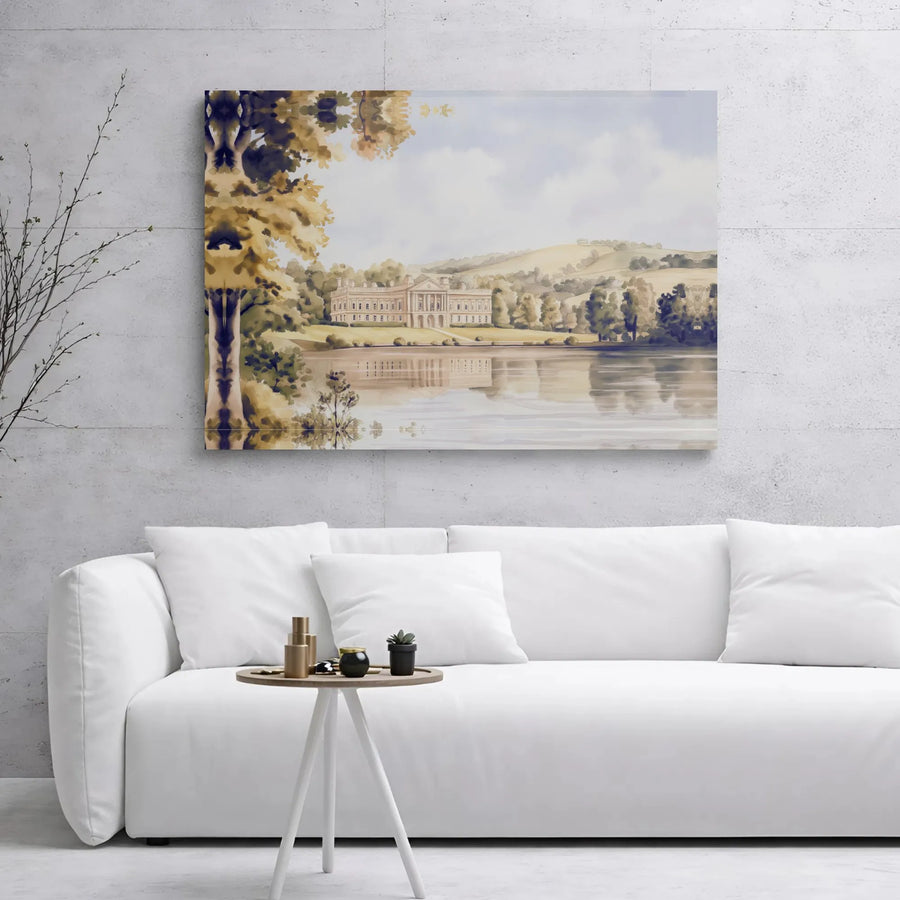 English Country Manor Wall Art | Watercolor Lake Landscape | Premium Gallery Wrap Canvas | Vintage Estate Home Decor
