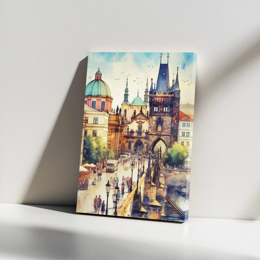 Prague Cityscape Vertical Canvas | Watercolor Charles Bridge Painting | Premium Gallery Wrap Art | European Travel Gift for Living Room Decor