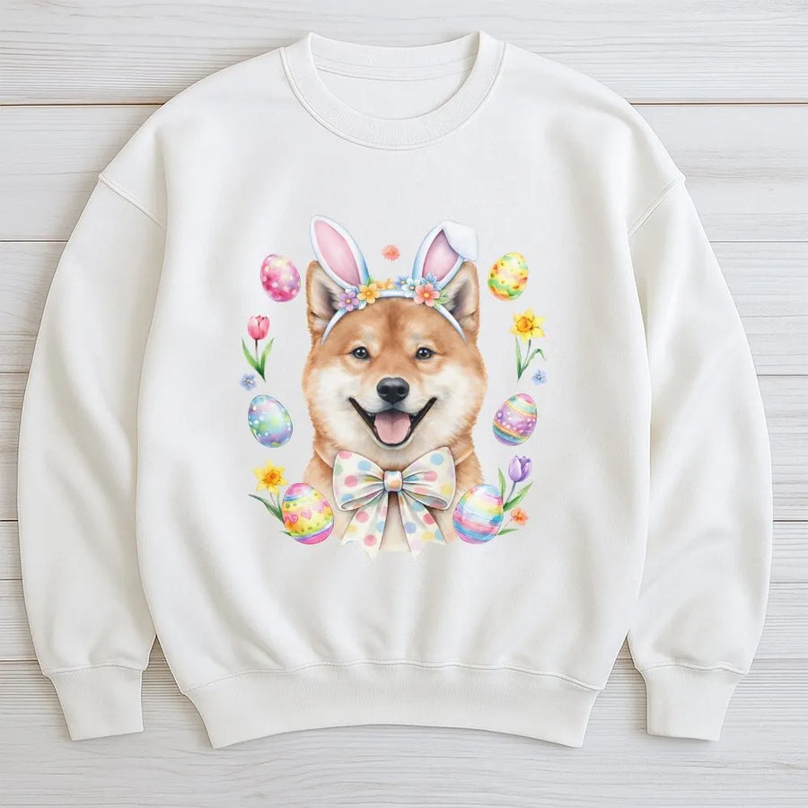 Easter Shiba Inu Sweatshirt | Cute Dog Bunny Ears Graphic | Premium Cotton Blend Crewneck | Spring Holiday Gift for Dog Mom and Shiba Lovers