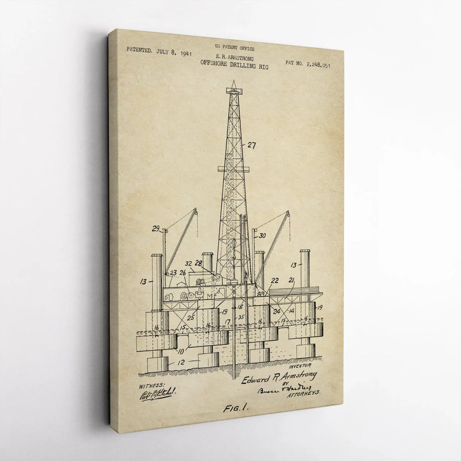 Vintage Oil Rig Patent Art Canvas | 1941 Offshore Drilling Blueprint | Premium Gallery Wrap | Industrial Decor Gift for Engineer