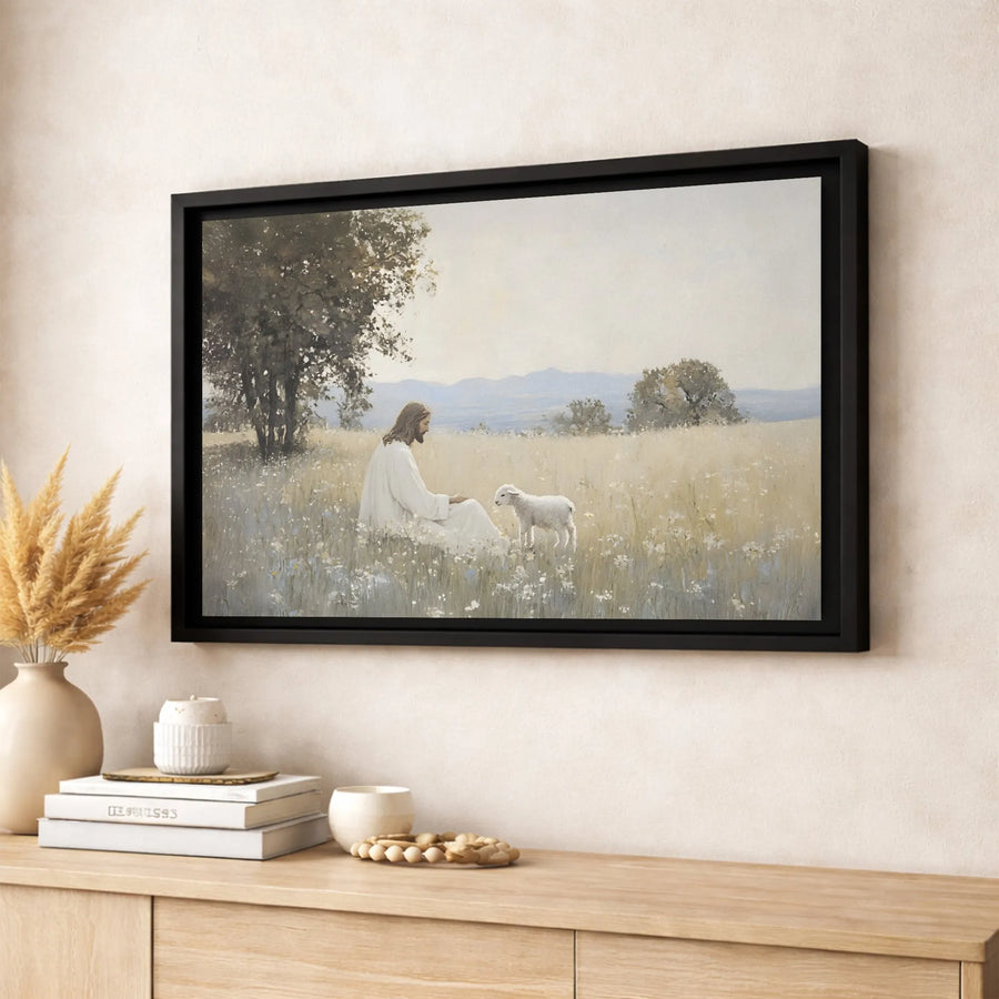 Jesus With Lamb Canvas Wall Art | Serene Christian Meadow Painting | Premium Gallery Wrap Print | Faithful Home Decor Gift for Believers