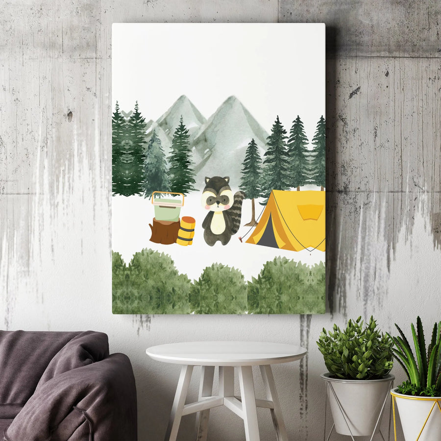 Cute Raccoon Camping Canvas Print | Watercolor Forest Adventure Wall Art | Premium Gallery-Wrapped Decor | Perfect Nursery & Kids Room Gift