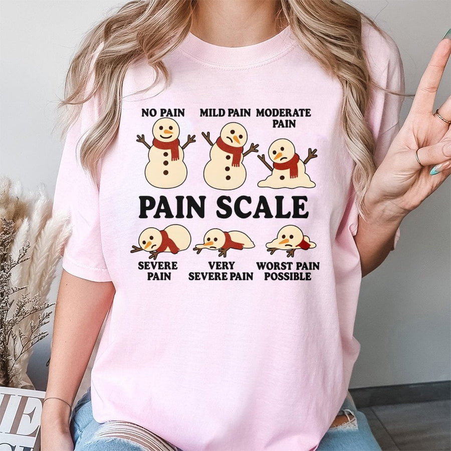 Snowman Pain Scale T-Shirt | Funny Melting Christmas Medical Humor | Premium Cotton Tee | Gift for Nurses Doctors and Healthcare Professionals
