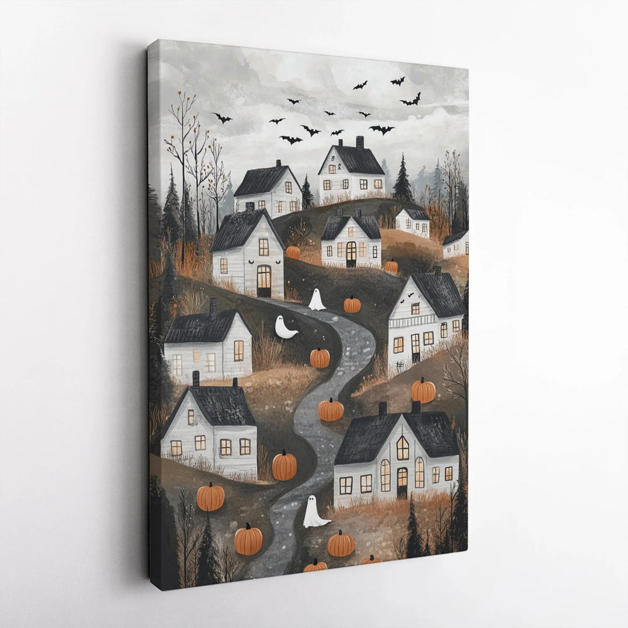 Halloween Village Canvas Wall Art | Spooky Ghost and Pumpkin Town Scene | Premium Gallery Wrap | Festive Fall Home Decor Gift