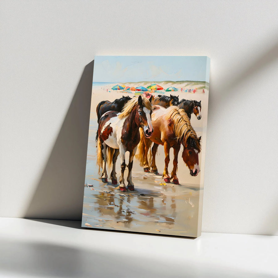 Wild Horses on Beach Vertical Canvas | Coastal Equestrian Impasto Style Art | Premium Gallery Wrapped Print | Home Decor Gift for Horse Lover