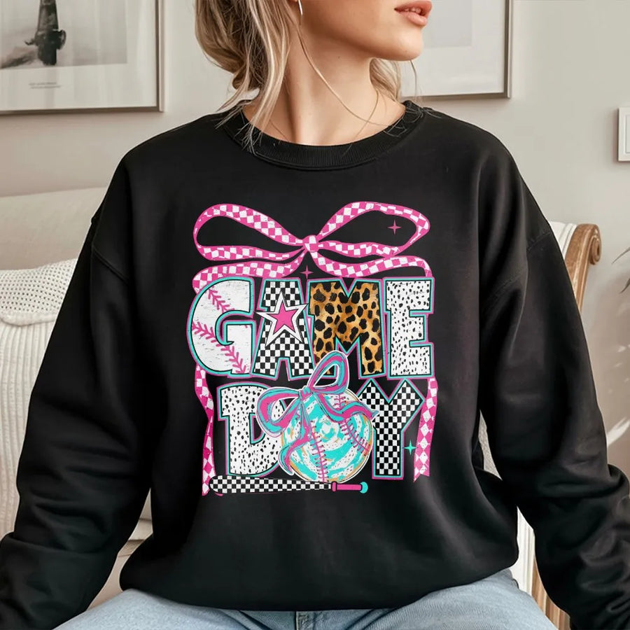 Game Day Baseball Sweatshirt | Trendy Coquette Graphic with Leopard & Checkered Print | Soft Cotton Blend | Gift for Baseball Mom & Sports Fans