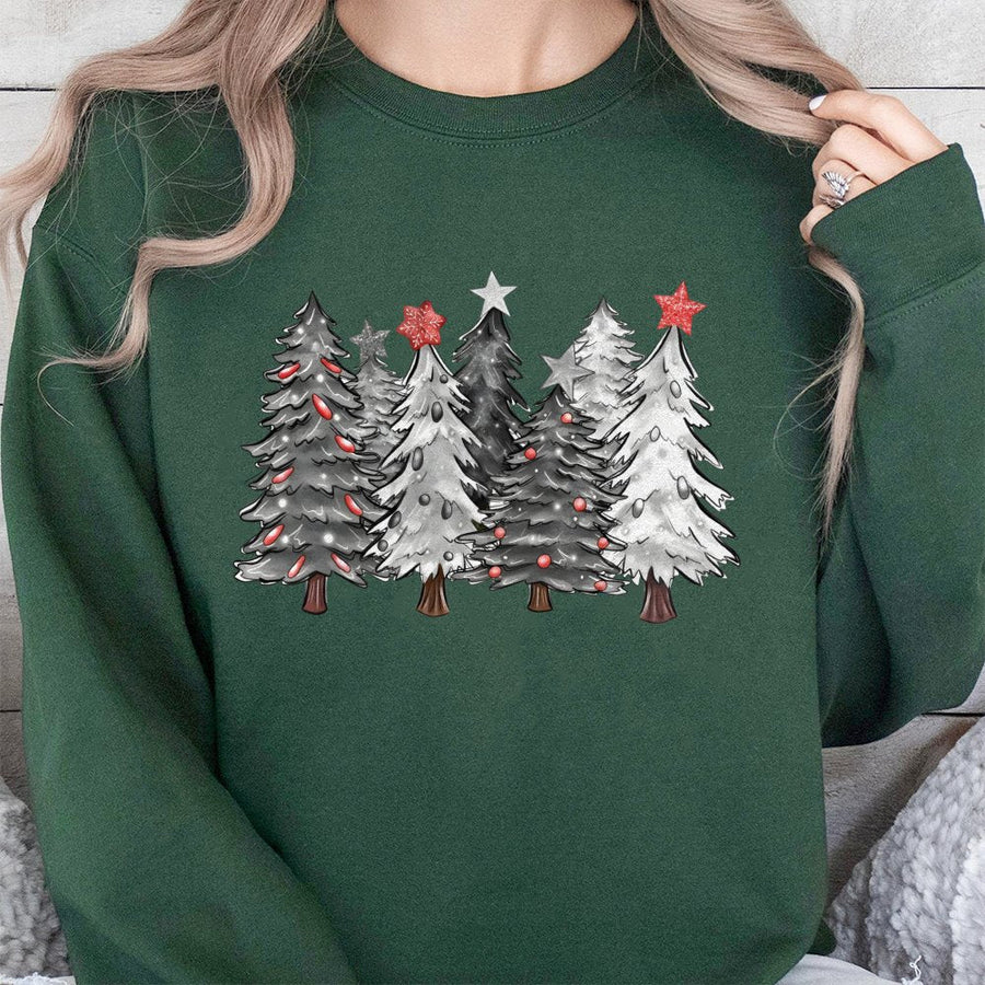 Christmas Tree Sweatshirt | Festive Grey White Forest Print | Premium Cotton Blend | Unisex Holiday Gift For Family And Friends