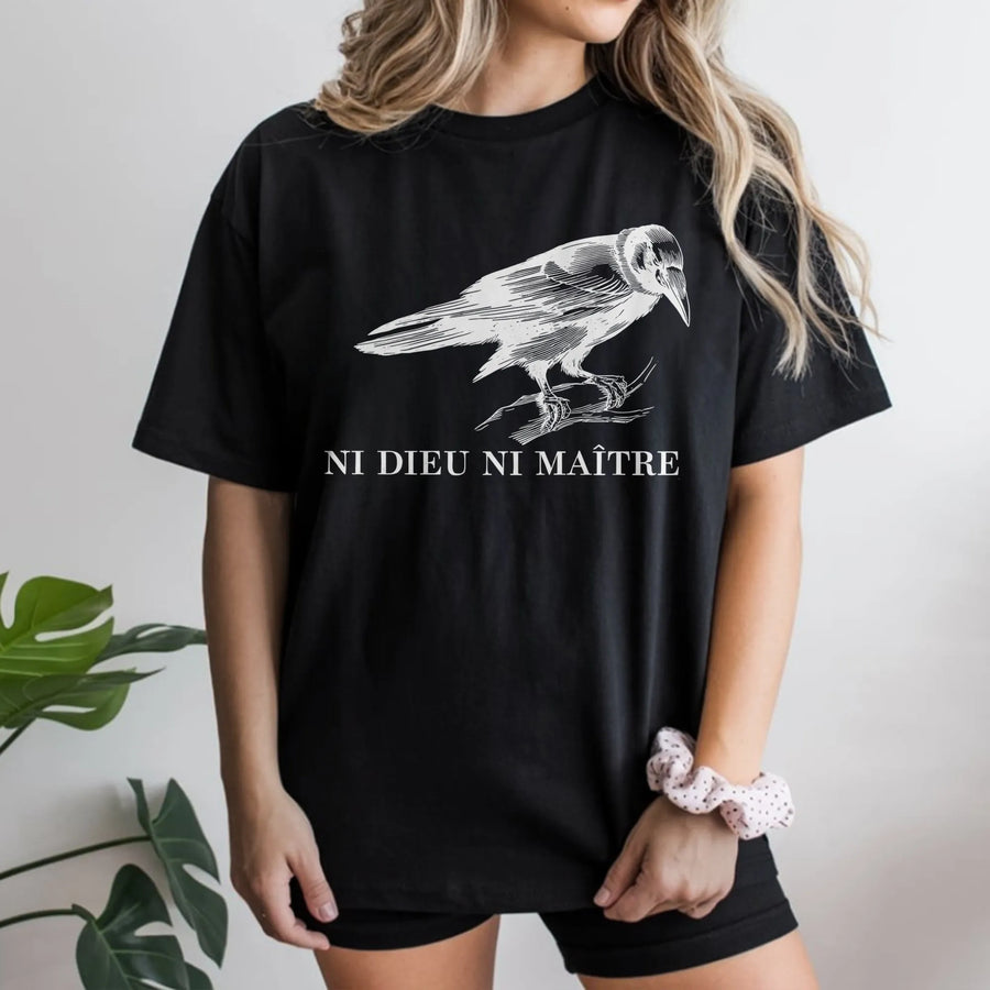 Ni Dieu Ni Maitre T-Shirt | Vintage Crow Graphic Design | Premium Cotton Anarchist Apparel | Anti-Authoritarian Gift for Leftist Activist