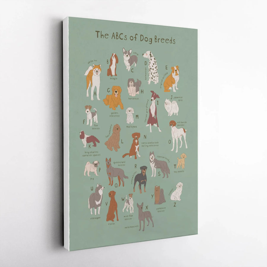 ABCs of Dog Breeds Vertical Canvas | Educational A-Z Illustrated Chart | Premium Gallery Wrapped Wall Art | Kids Room Decor Gift for Dog Lover