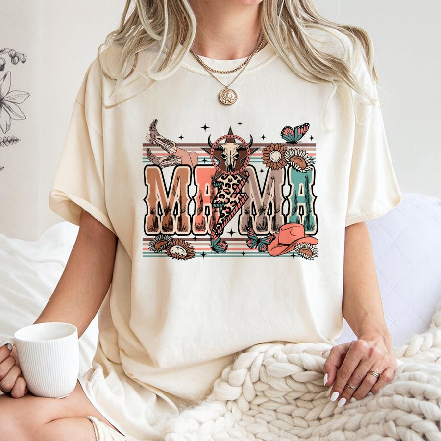 Western Mama T-Shirt | Boho Cow Skull & Leopard Print Graphic | Premium 100% Cotton | Perfect Gift for Mom