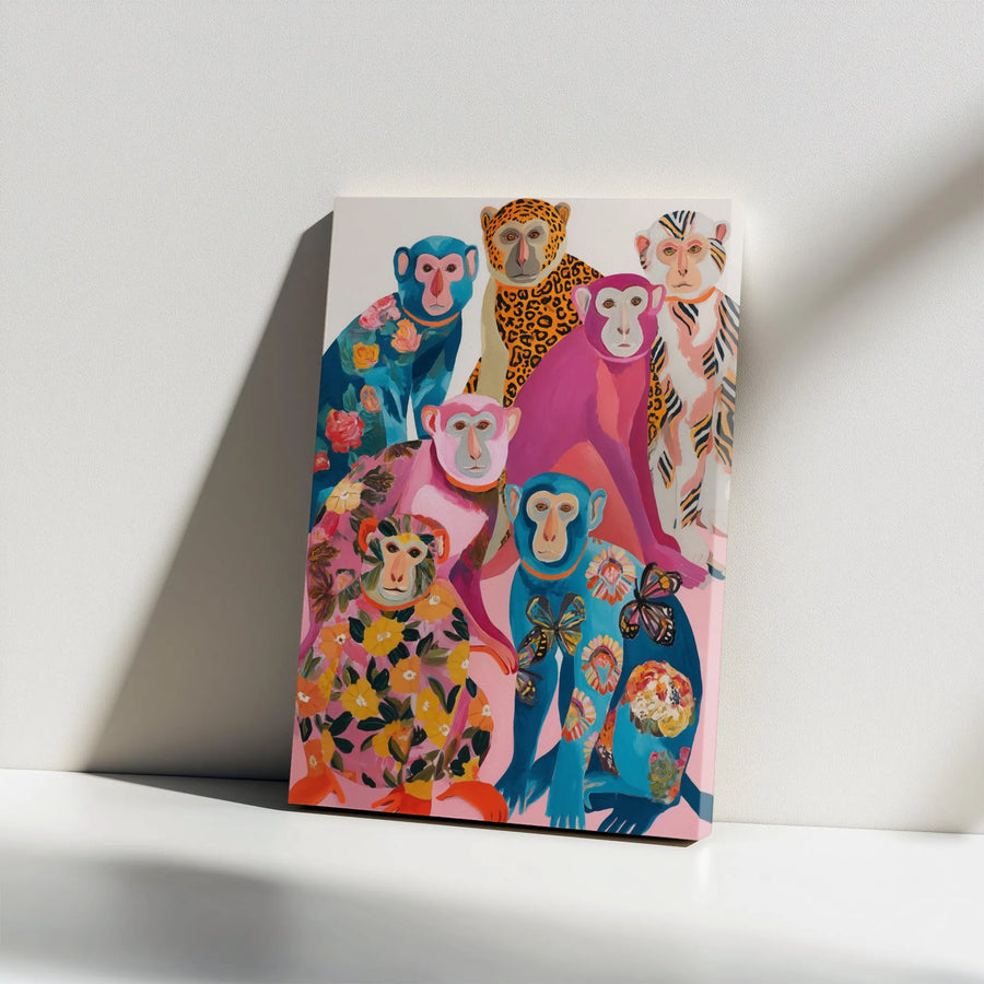 Colorful Monkey Family Vertical Canvas | Vibrant Animal Portrait with Floral & Leopard Patterns | Premium Quality Wall Art | Eclectic Home Decor Gift