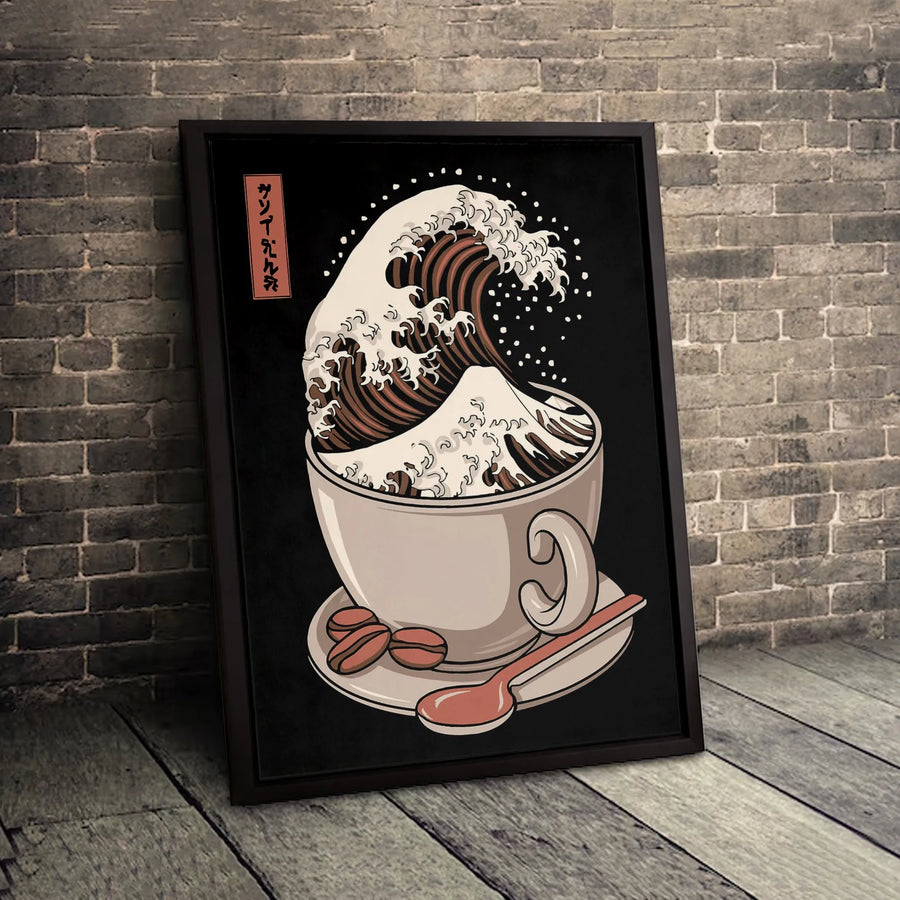 Japanese Great Wave Coffee Canvas Art | Kanagawa Inspired Coffee Cup Print | Gallery Quality 1.25 Inch Canvas | Premium Decor for Coffee Lovers