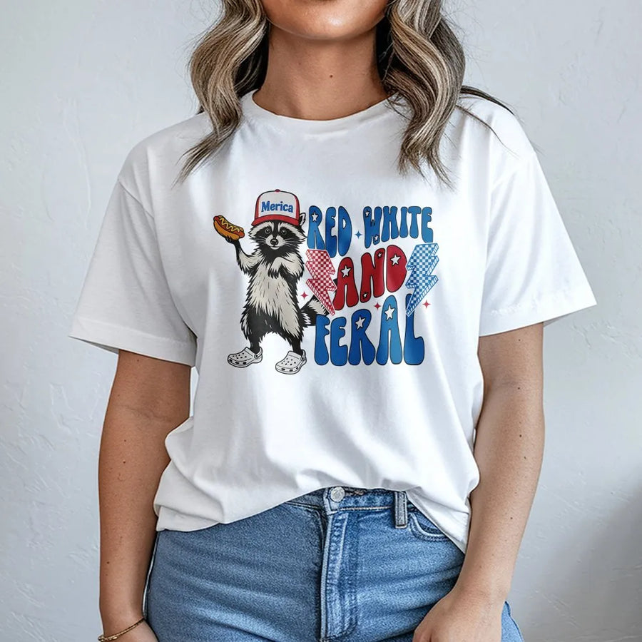 Red White and Feral Raccoon T-Shirt | Funny Patriotic USA Graphic Tee | Premium Cotton Casual Wear | 4th of July Independence Day Gift