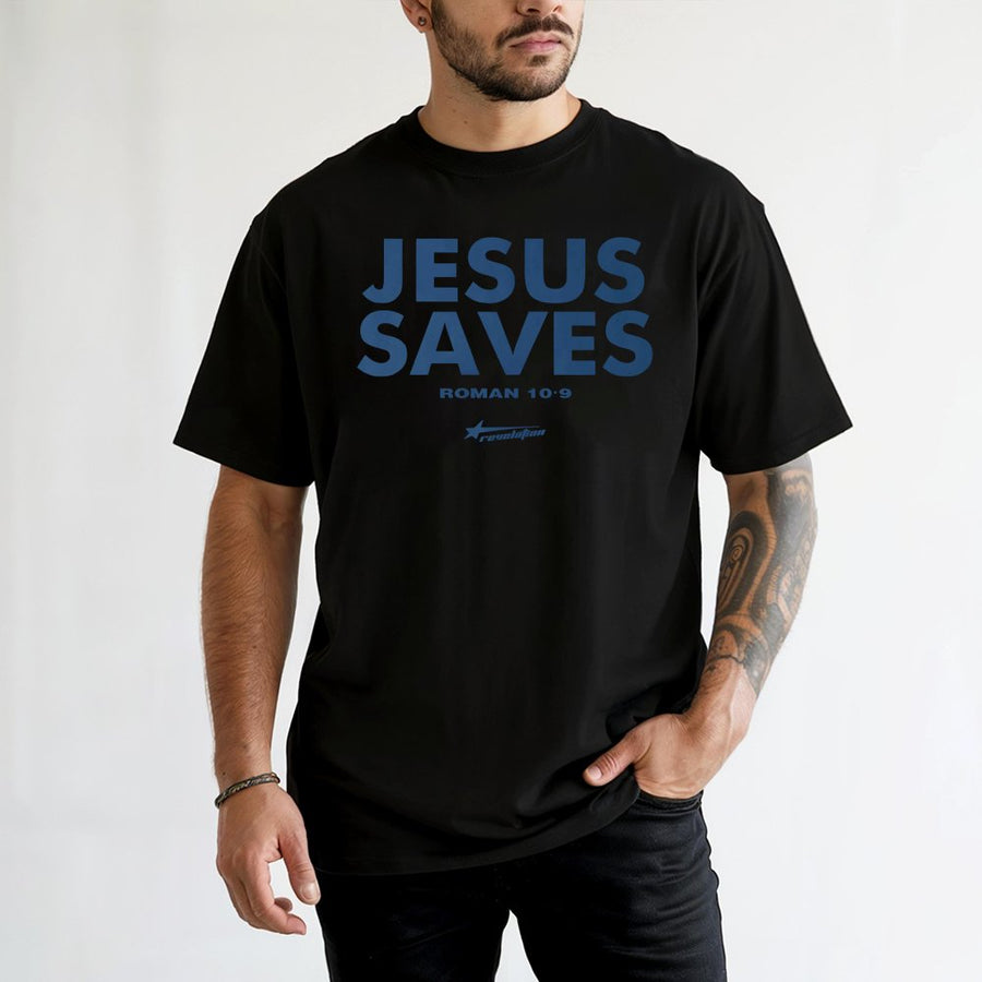 Jesus Saves T-Shirt | Roman 10:9 Bible Verse Graphic | 100% Cotton Premium Quality Tee | Religious Christian Streetwear Gift for Men and Women