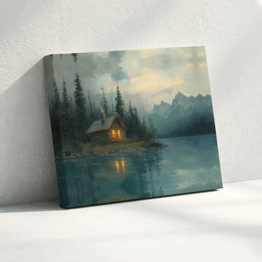 Log Cabin Lake Canvas Wall Art | Mountain Forest Landscape Painting | Premium Gallery Wrap Print | Rustic Home Decor Gift