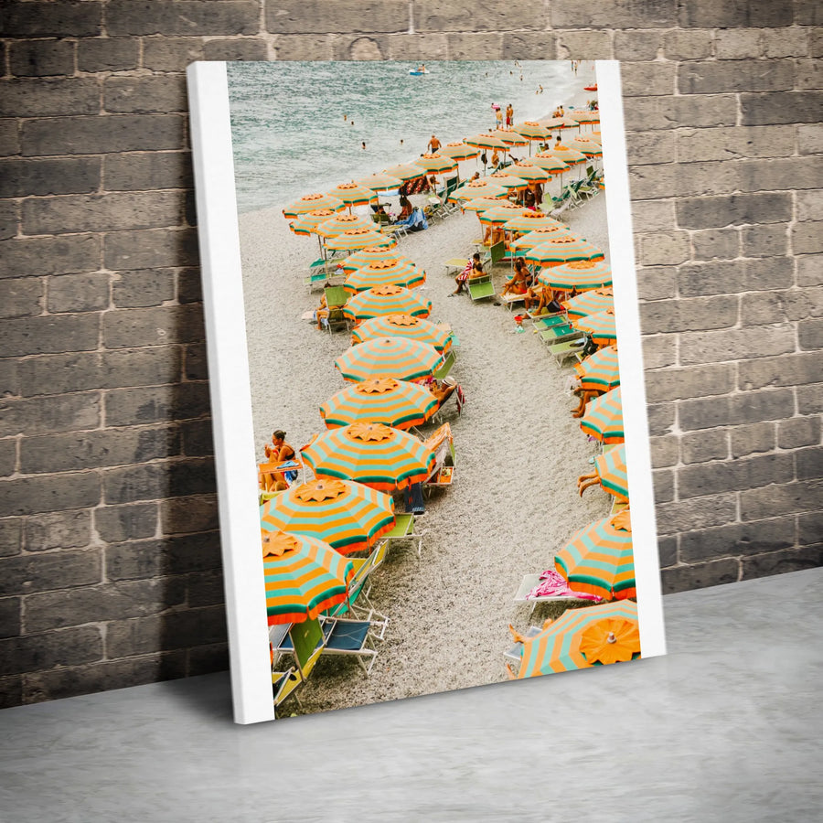 Monterosso Beach Vertical Canvas | Retro Italian Beach Scene Print | Premium Gallery Wrapped Wall Art | Travel Lover Home Decor Gift