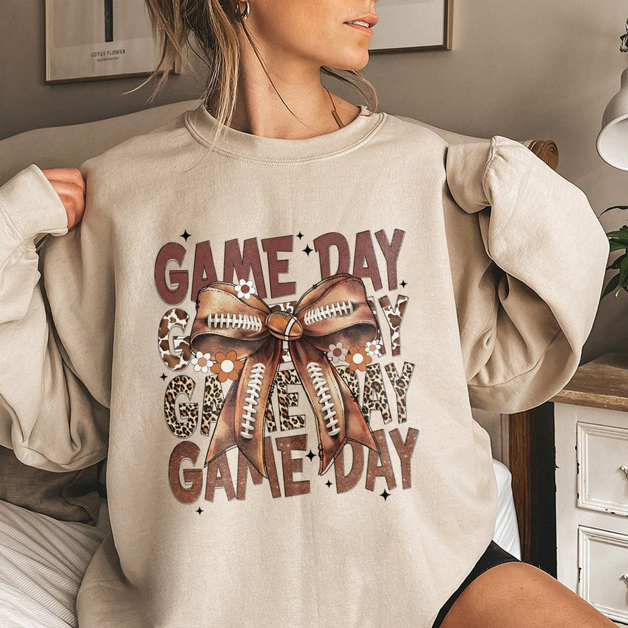 Game Day Football Sweatshirt | Leopard Bow And Floral Graphic Print | Premium Cotton Blend | Cozy Fall Sports Apparel For Fans