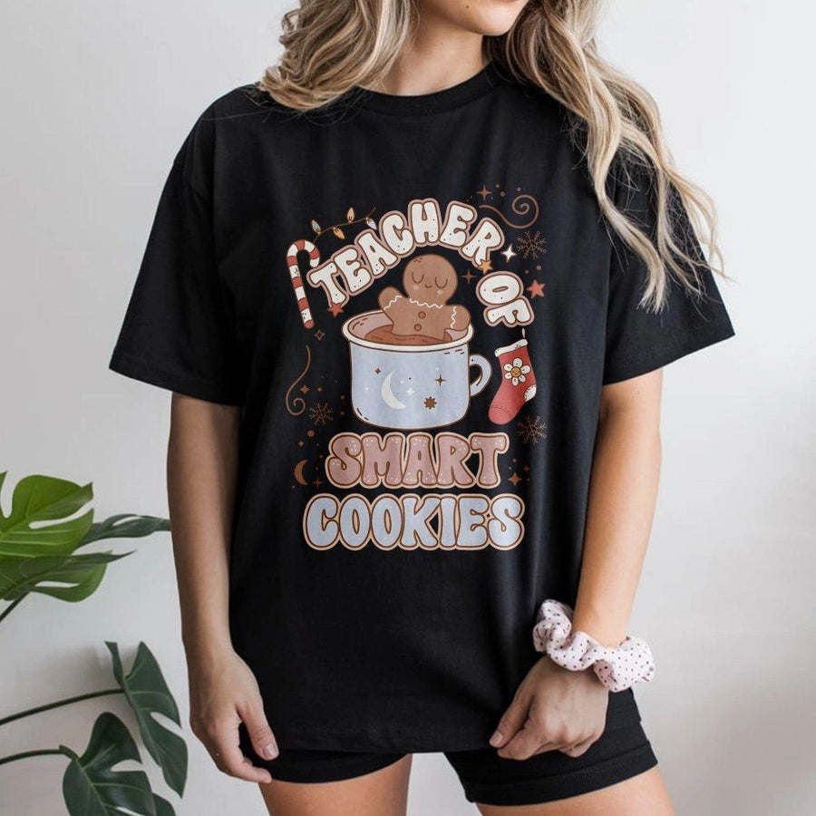 Teacher Of Smart Cookies T-Shirt | Cute Gingerbread Christmas Design | 100% Cotton Premium Tee | Holiday Gift For Teachers And Educators