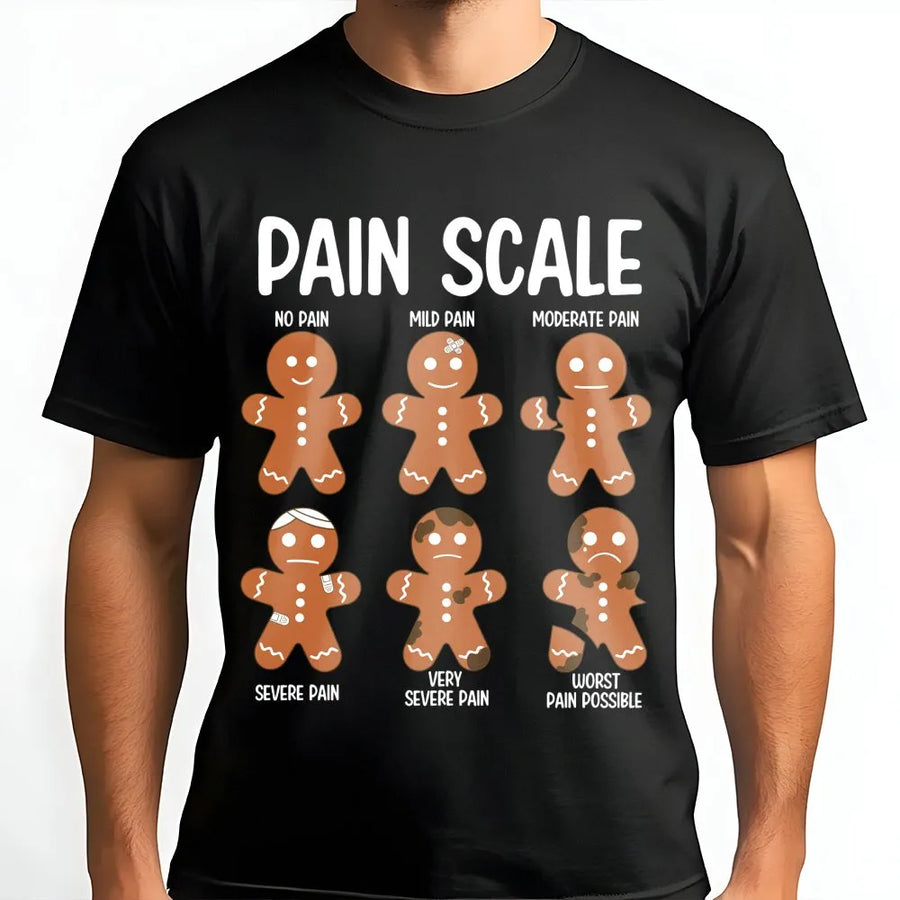 Gingerbread Man Pain Scale T-Shirt | Funny Holiday Cookie Graphic | Premium Soft Cotton Tee | Nurse Christmas Gift Idea for Doctors Medical Staff