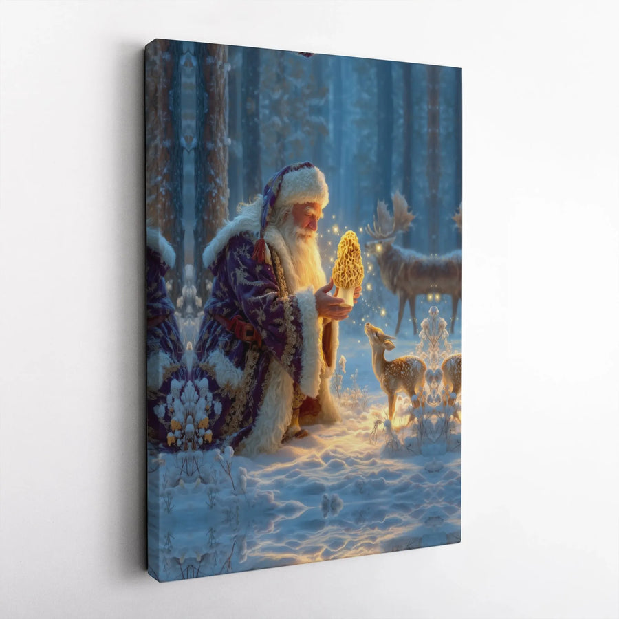 Santa Claus With Morel Mushroom Canvas Art | Winter Forest Fawn and Moose | Premium Gallery Wrap Wall Decor | Unique Christmas Gift for Foragers