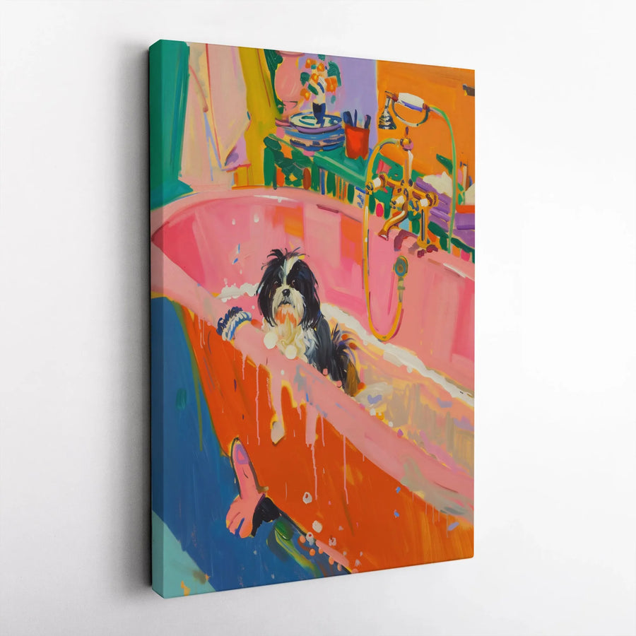 Colorful Shih Tzu Painting Canvas Print | Vibrant Pop Art Dog in Bathtub | Premium Gallery Wrapped Canvas | Unique Bathroom Decor Gift for Dog Lovers