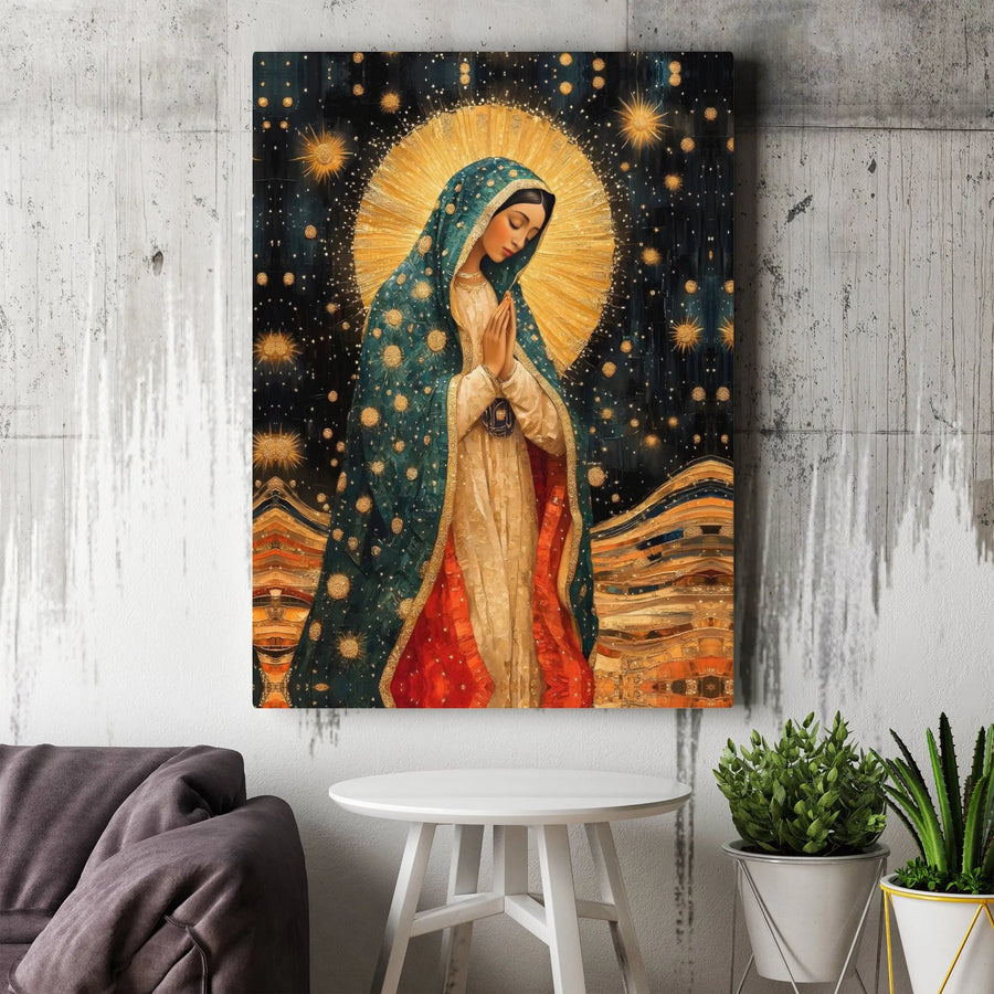 Our Lady Of Guadalupe Canvas Art | Klimt Inspired Virgin Mary Gold Halo Print | Premium 1.25 Inch Gallery Wrap | Religious Home Wall Decor Gift