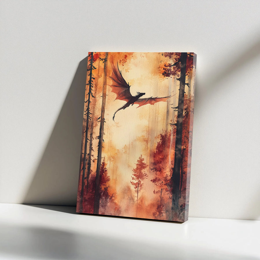 Dragon Canvas Wall Art | Watercolor Fantasy Autumn Forest Print | Premium Gallery Wrap Decor | Magical Gift for Fantasy Lovers