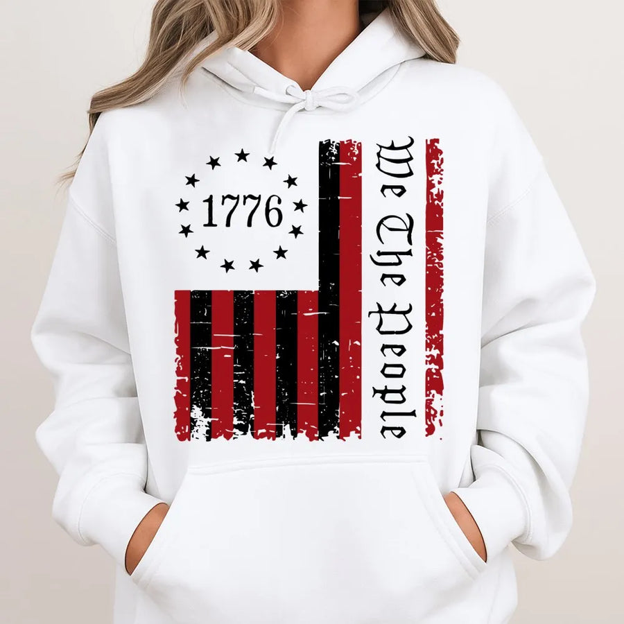 We The People 1776 Hoodie | Distressed American Flag Patriotic Graphic | Premium Cotton Blend | Gift For Conservatives And History Lovers