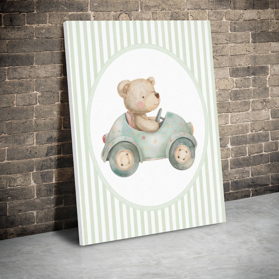 Teddy Bear Wall Art | Watercolor Driving Car Nursery Print | Premium Gallery Wrap Canvas | Gender Neutral Baby Shower Gift