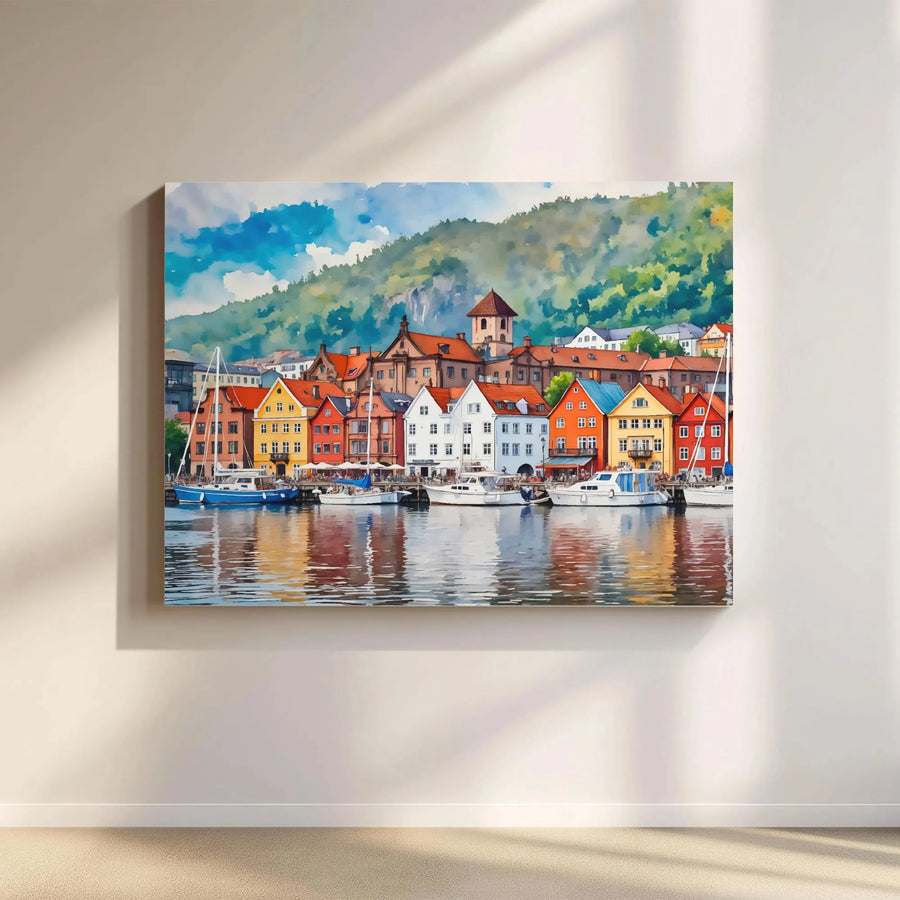 Bergen Norway Harbor Canvas Print | Watercolor Colorful Houses Wall Art | Premium Gallery Wrapped 1.25" Profile | Travel Decor Gift for Wanderlust Lovers