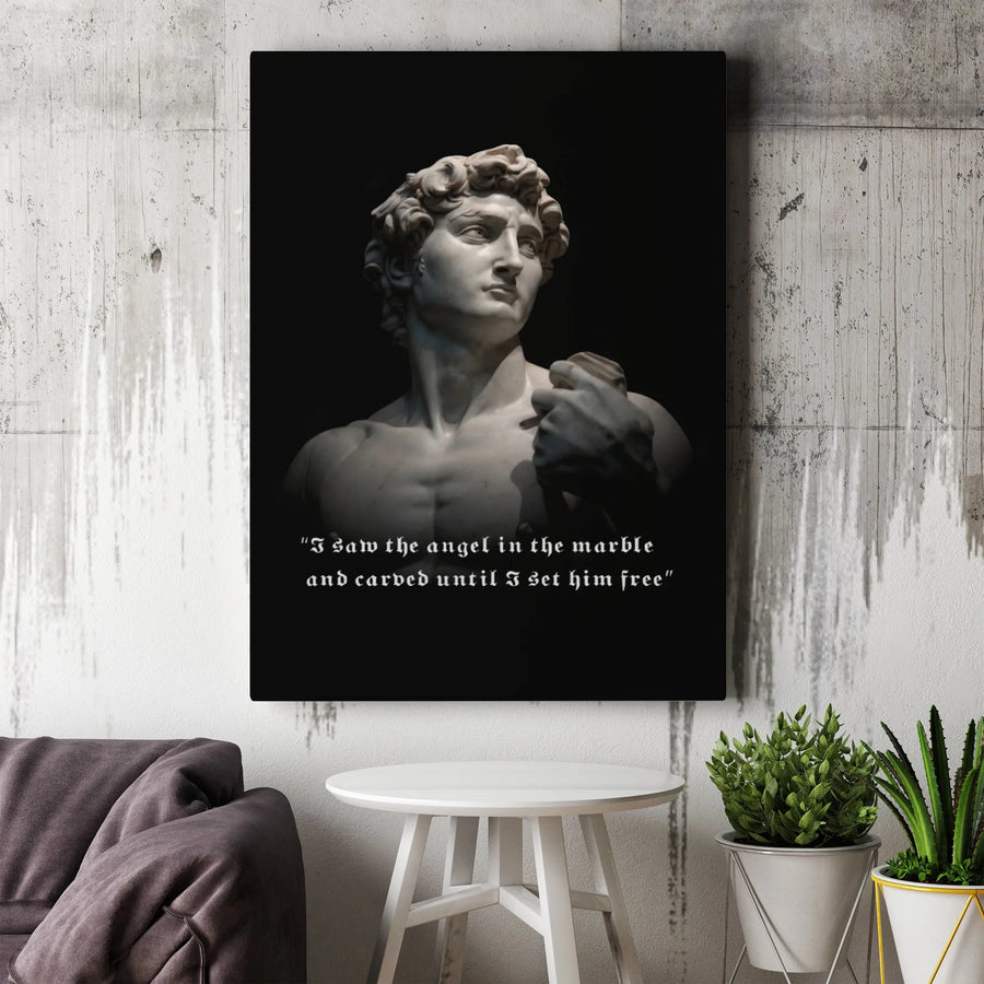 Michelangelo David Quote Canvas Print | I Saw The Angel In The Marble Wall Art | Premium Gallery-Wrapped Portrait | Artistic Home Office Decor Gift