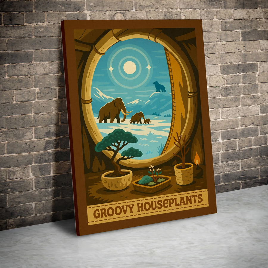 Groovy Houseplants Canvas Art | Vintage Mammoth Ice Age Poster | Premium Matte Print | Collector's Gift for Plant Lover & Retro Decor Enthusiast