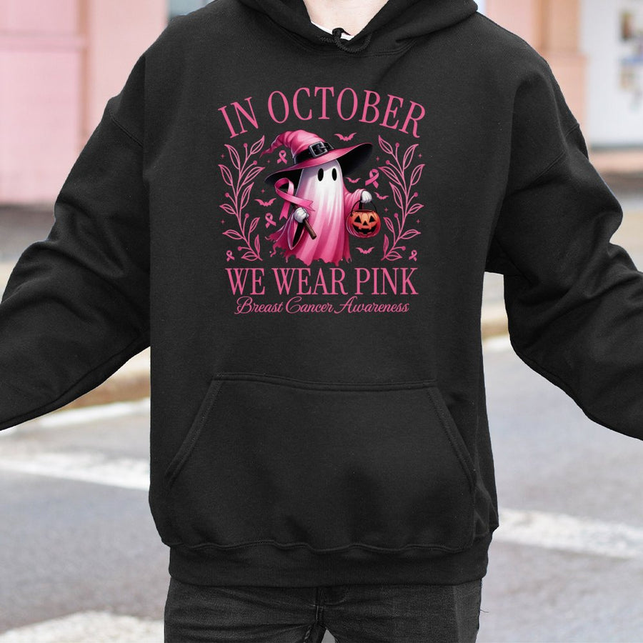 In October We Wear Pink Hoodie | Ghost Witch Halloween Graphic | Cotton-Poly Premium Blend | Breast Cancer Awareness Support Gift for Women